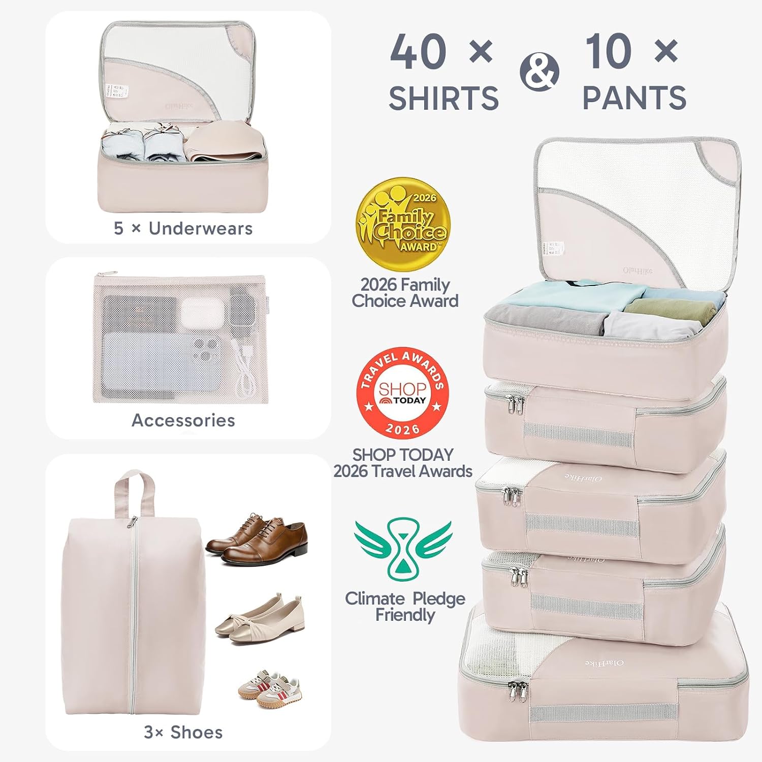 10 Set Packing Cubes for Travel, Gifts for Women Mom,Anti-Tearing Suitcase Organizer for Luggage with Shoe & Hanging Toiletry Bag,OlarHike Vacation Essentials & Accessories for Cruise Ship - Image 4
