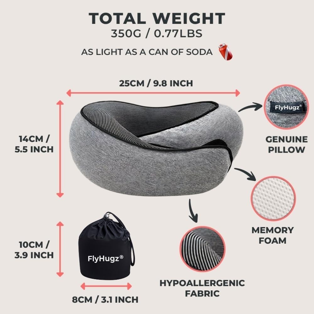 FlyHugz® Neck Travel Pillow Memory Foam Neck Pillow, Gray - Image 5